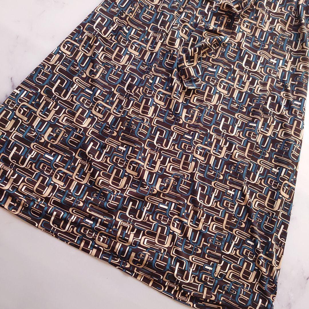 みるレリアン カシュクールワンピース ロング 七分袖 総柄 茶 11 L