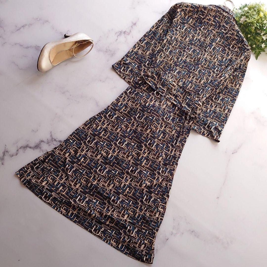 みるレリアン カシュクールワンピース ロング 七分袖 総柄 茶 11 L