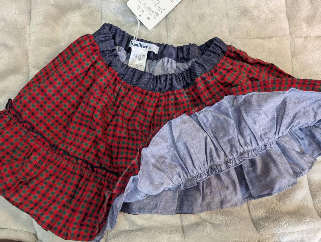 【未使用、タグ付】familiar チェックスカート★リバーシブル 赤・デニム