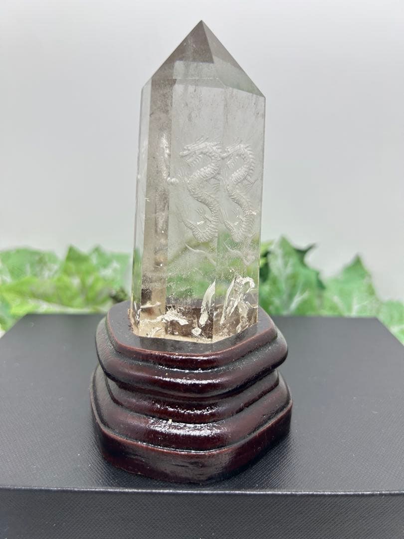 天然石スモーキークォーツ　龍彫りタワー置物　No.2260