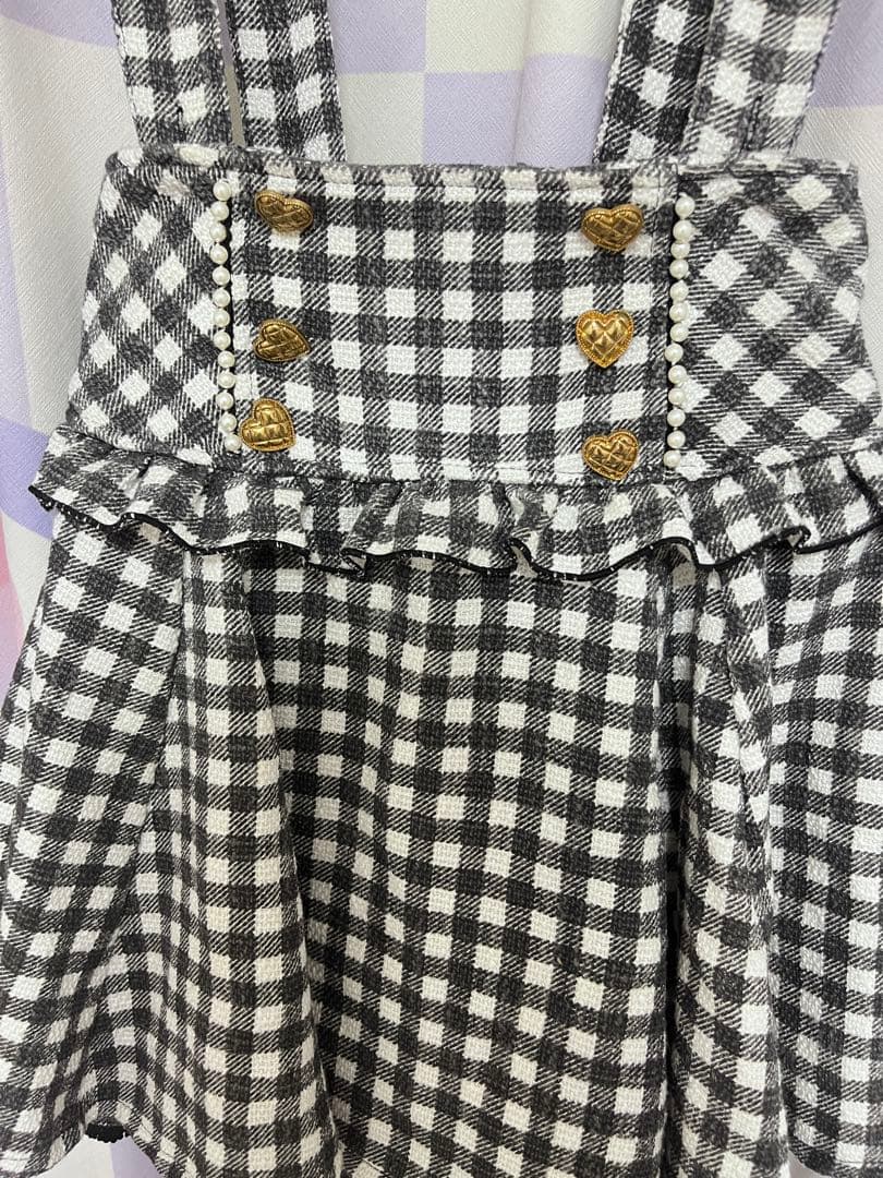 LIZLISA ギンガムツイードサスペンダー付きスカパン ブラック