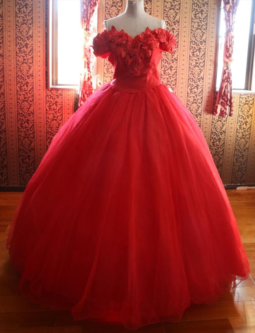 607LoveryWedding高級ウエディングドレス11号赤カラードレス