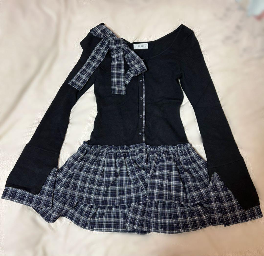 bubbles チェックリボンワンショルワンピース