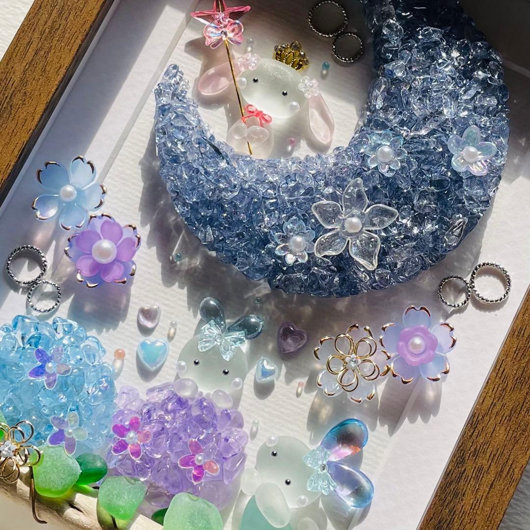 ＊三日月と紫陽花 賑やかな仲間たち＊シーグラスアート 梅雨