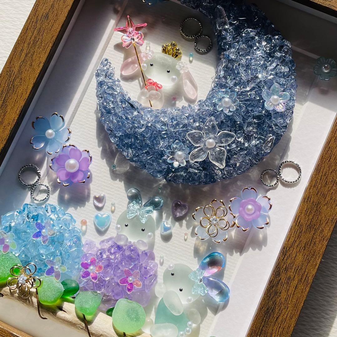 ＊三日月と紫陽花 賑やかな仲間たち＊シーグラスアート 梅雨