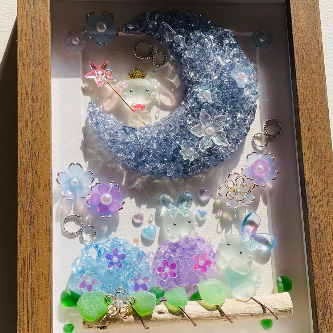 ＊三日月と紫陽花 賑やかな仲間たち＊シーグラスアート 梅雨