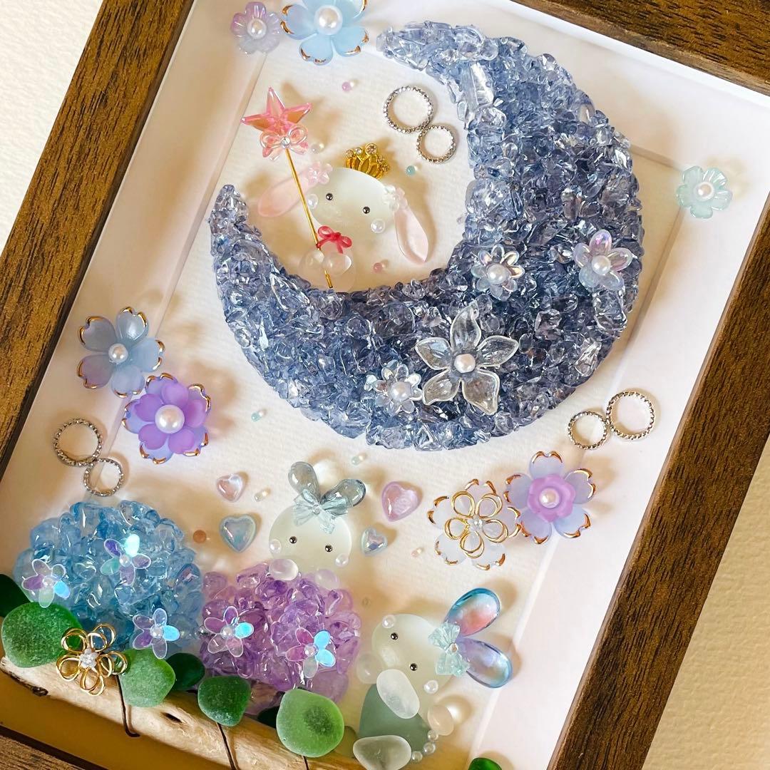 ＊三日月と紫陽花 賑やかな仲間たち＊シーグラスアート 梅雨