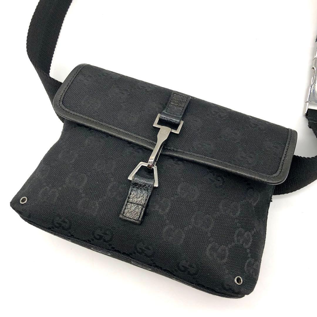 【美品】GUCCI ボディバッグ GG キャンバス レザー ジャッキー ブラック