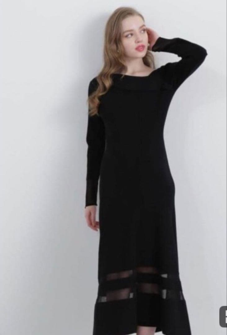 ピンキー&ダイアン黒 ロングニットワンピース 長袖 レース袖口 M