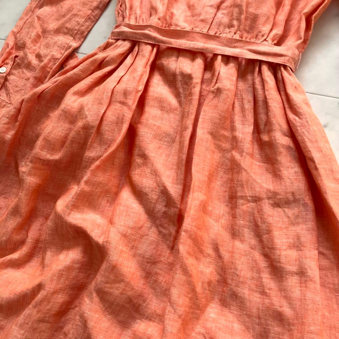 ロンハーマン リネン100% ロングワンピース ウエストベルト オレンジ S