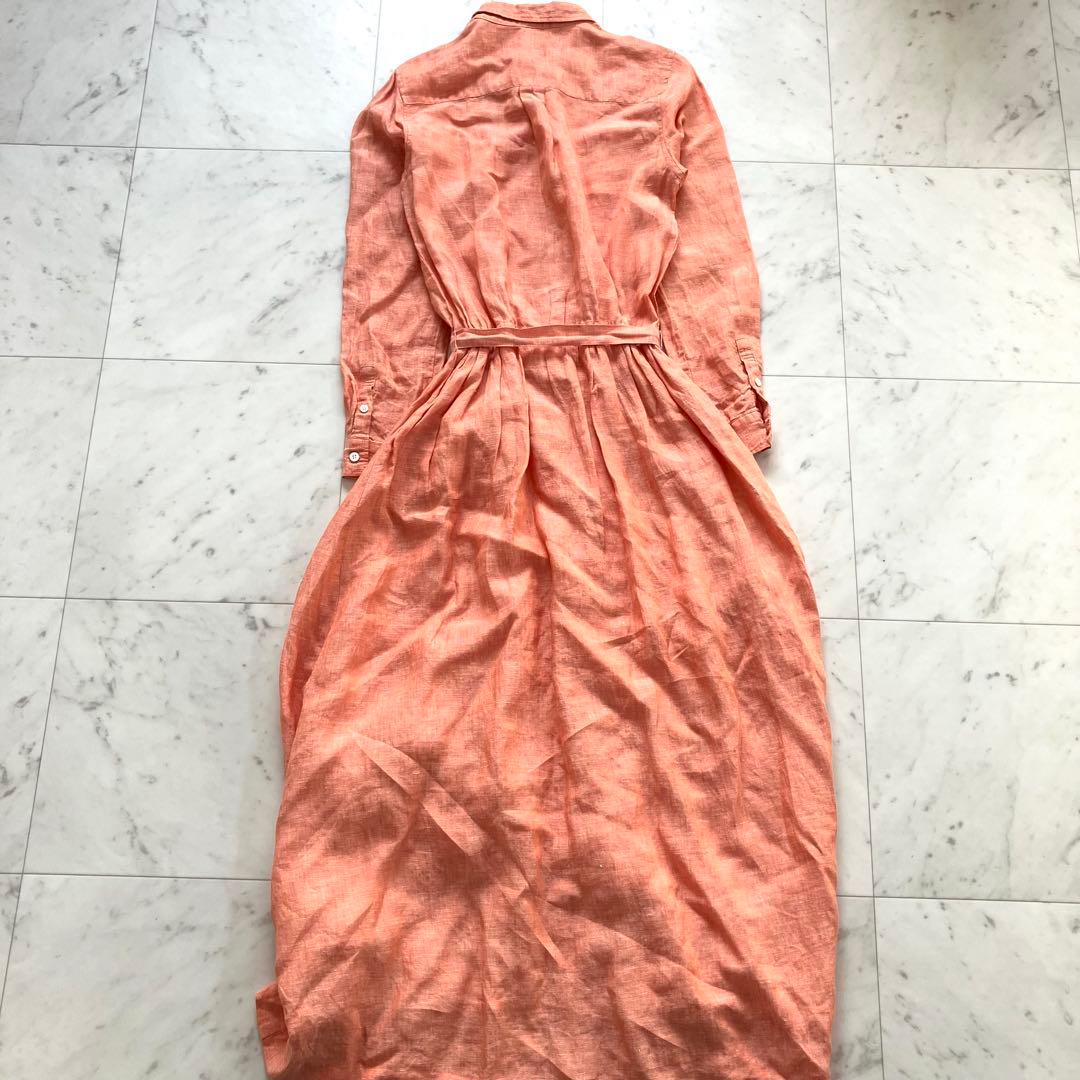 ロンハーマン リネン100% ロングワンピース ウエストベルト オレンジ S