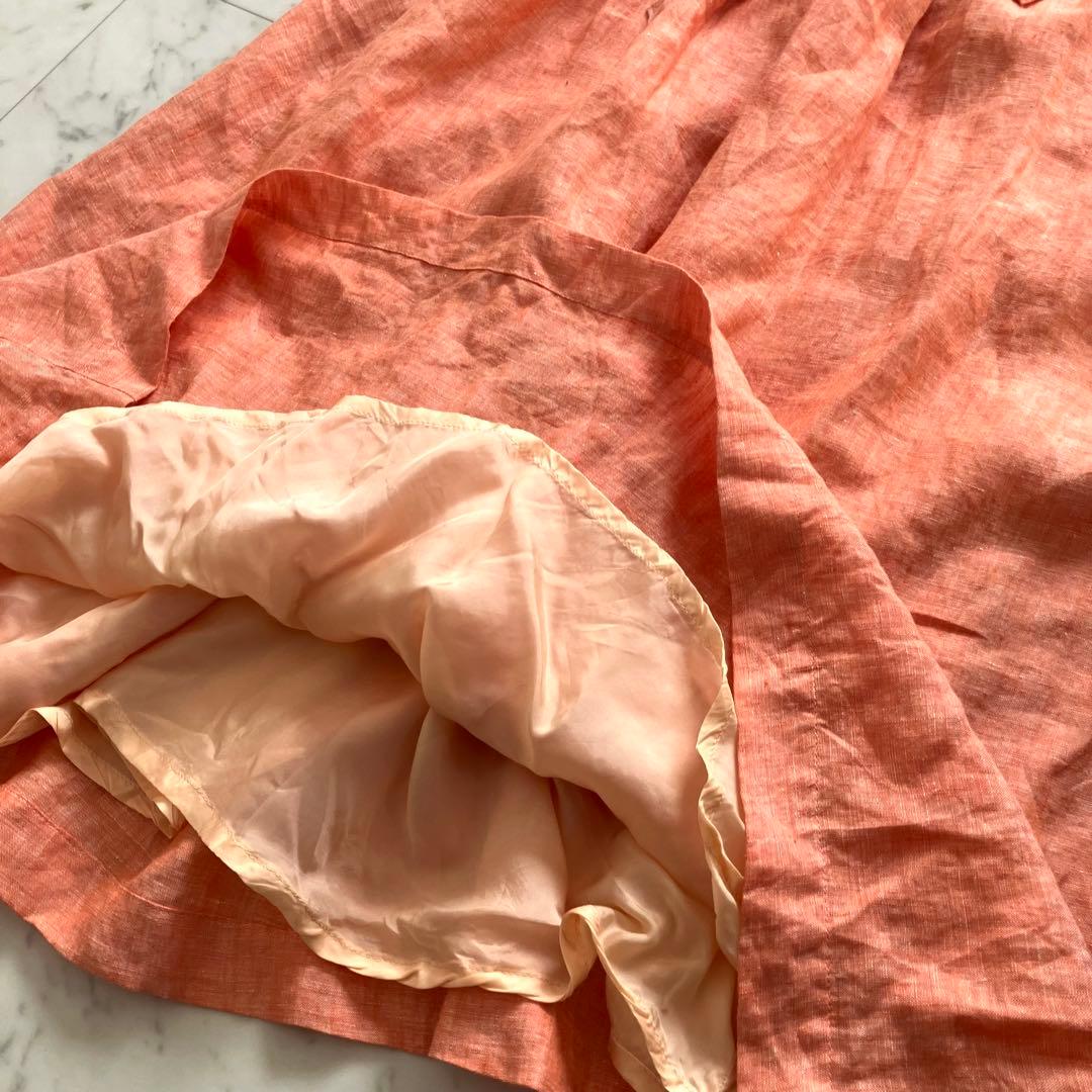 ロンハーマン リネン100% ロングワンピース ウエストベルト オレンジ S