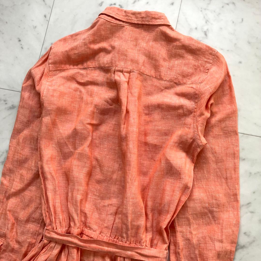 ロンハーマン リネン100% ロングワンピース ウエストベルト オレンジ S