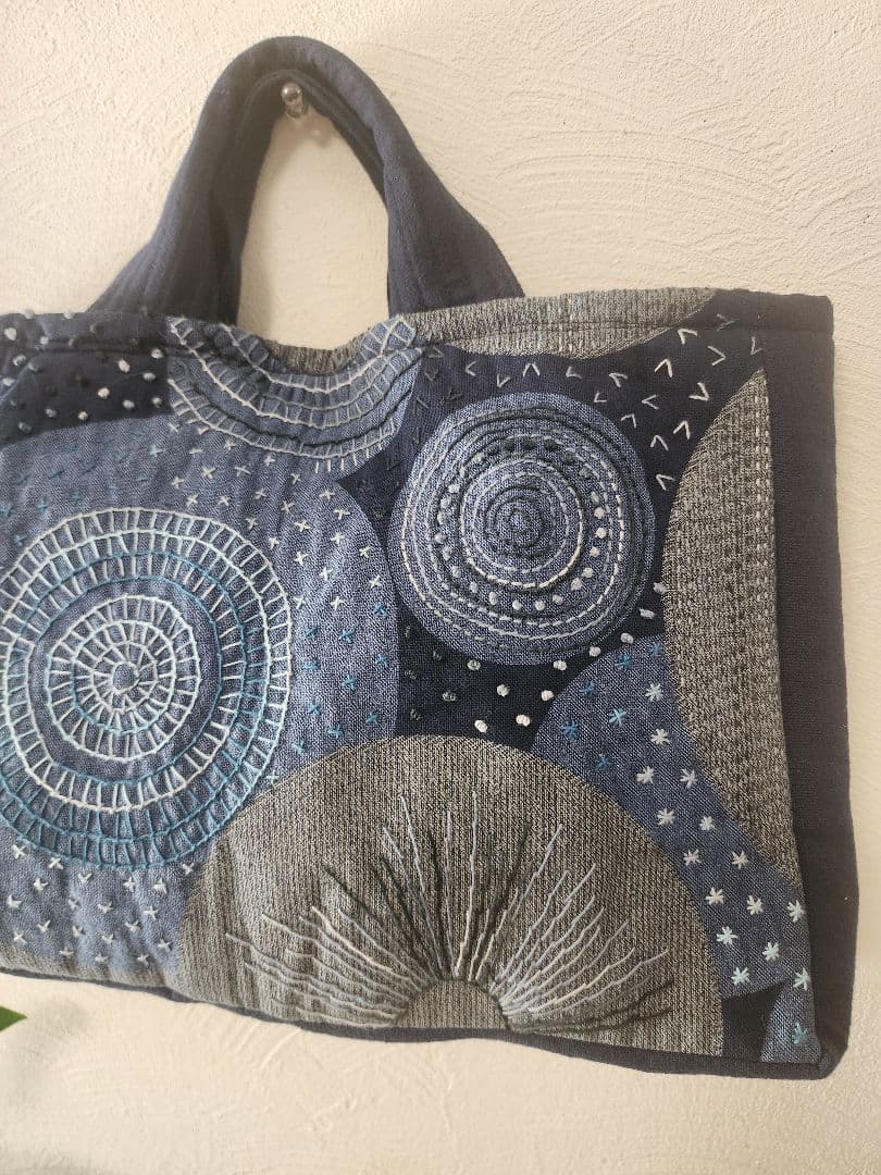 ★★★新作　藍色系ドット柄に豪華に刺し子トードバッグ　センソユニコ慈雨