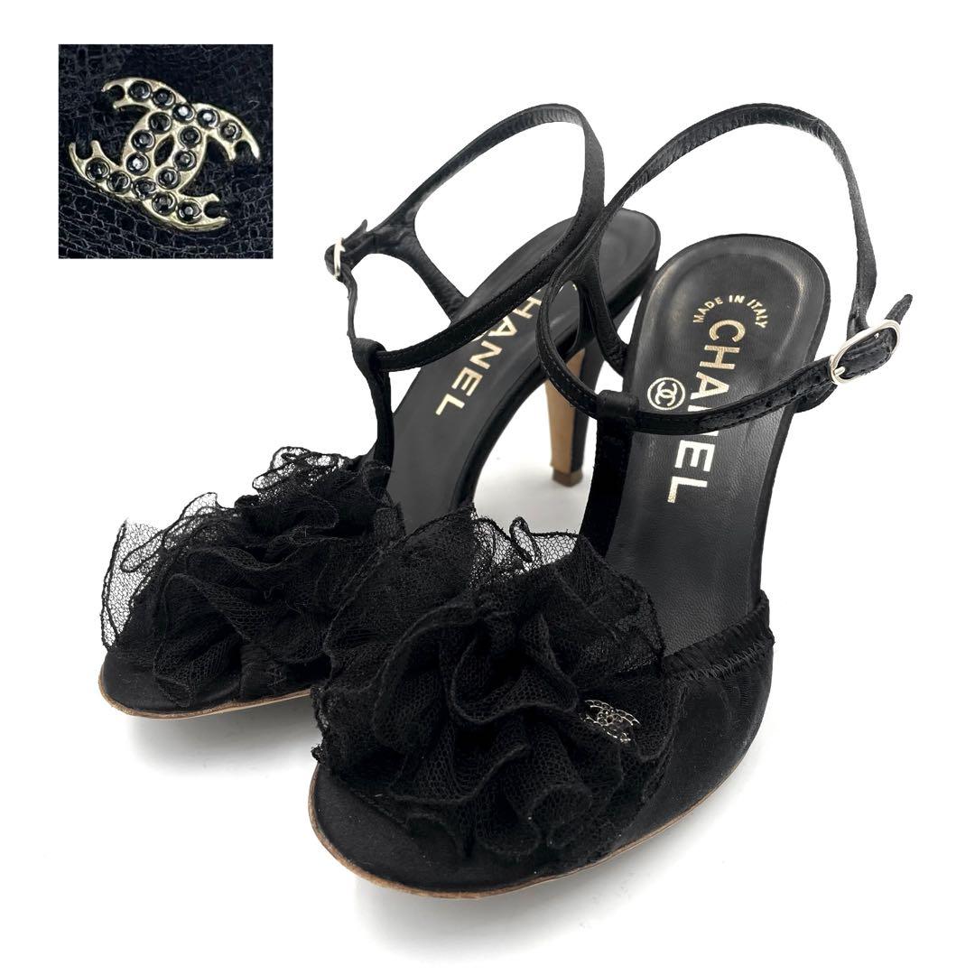 《超美品》CHANEL シャネル カメリア ココマーク パンプス サテン 黒系