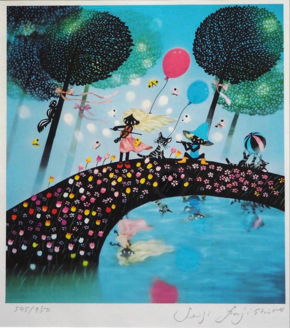 真作■藤城清治 四季のメルヘン 春 春のデュエット 直筆サイン■版画 絵画