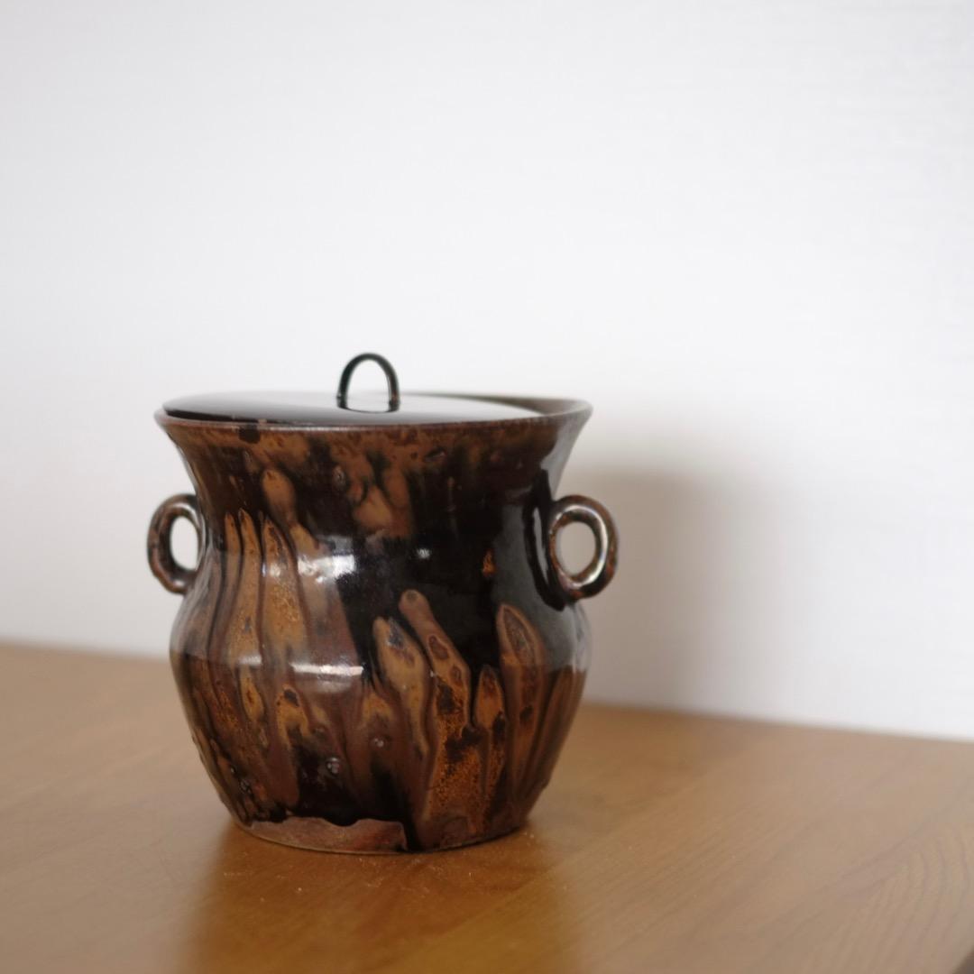 江戸時代　古瀬戸　双耳天目釉　水差　共箱付 索黒高麗李朝古唐津茶道具茶道骨董