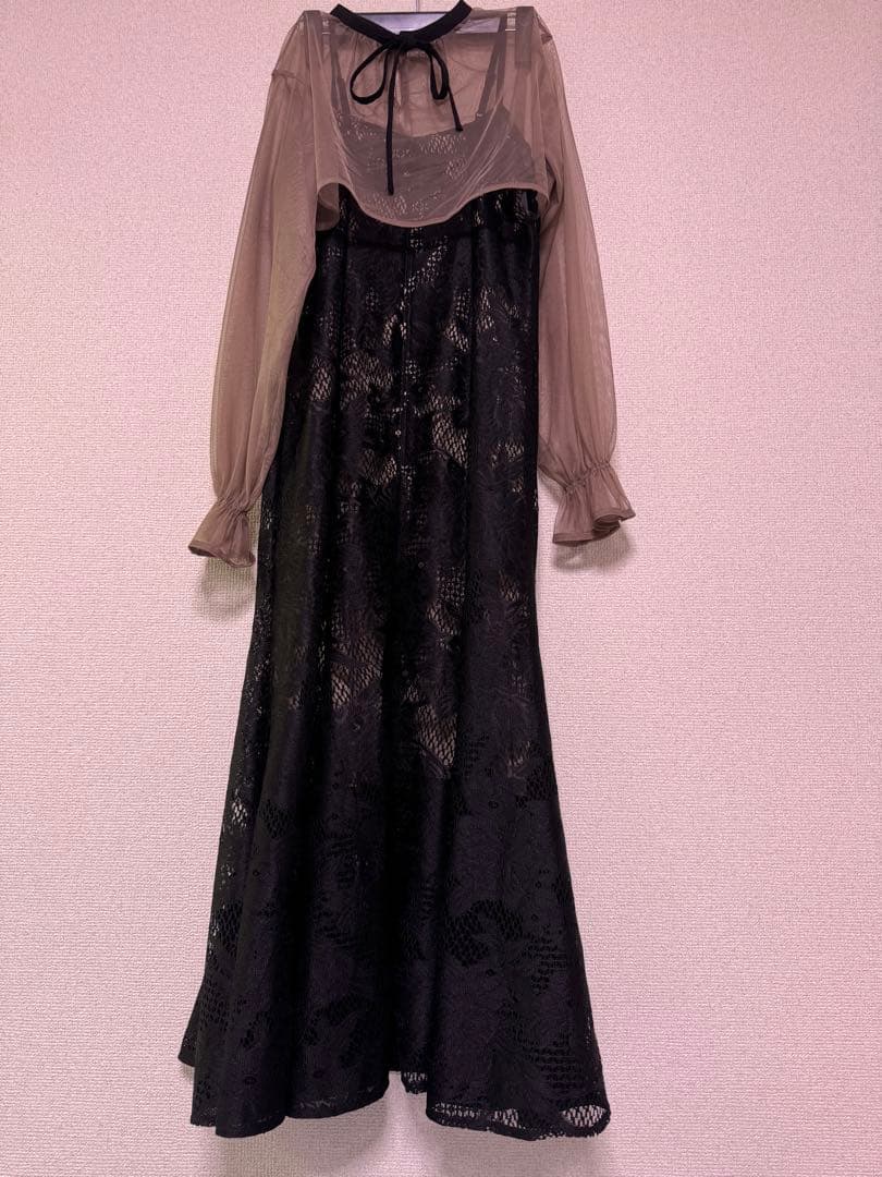 3wayシフォンボレロ&レースキャミドレス　ブラックブラウン　Ssize 華やか