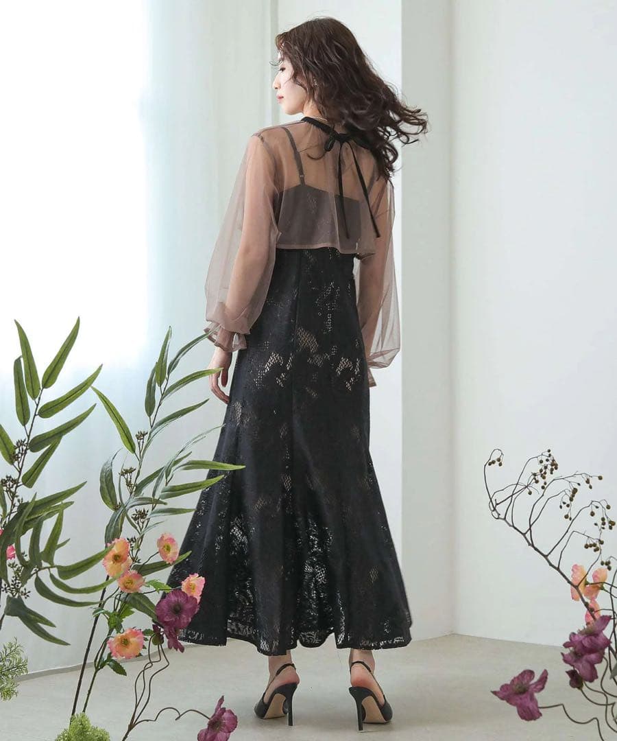 3wayシフォンボレロ&レースキャミドレス　ブラックブラウン　Ssize 華やか