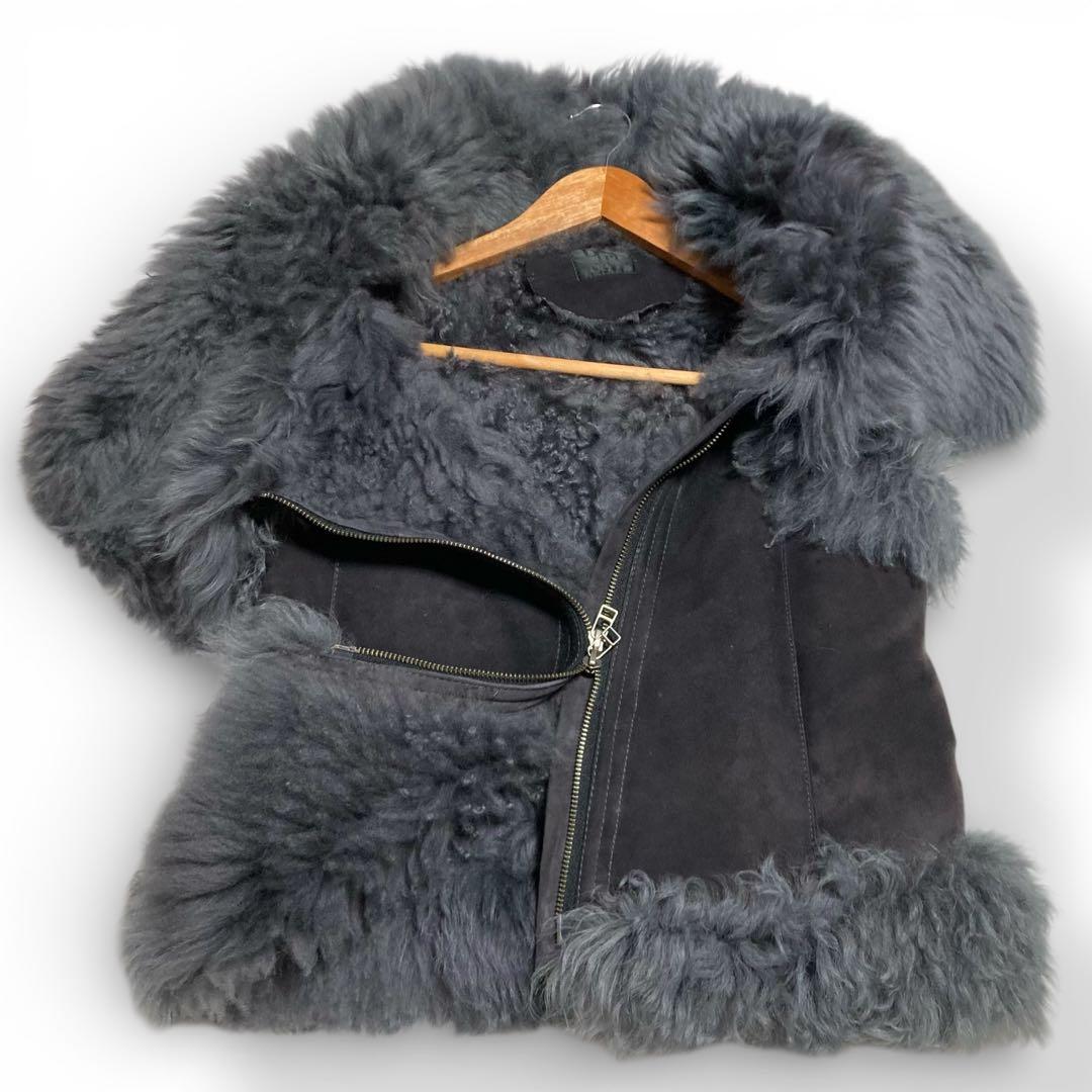 ゴージャス★リアルムートン ベスト ダブルジップ 羊革 ラムファー ダークグレー