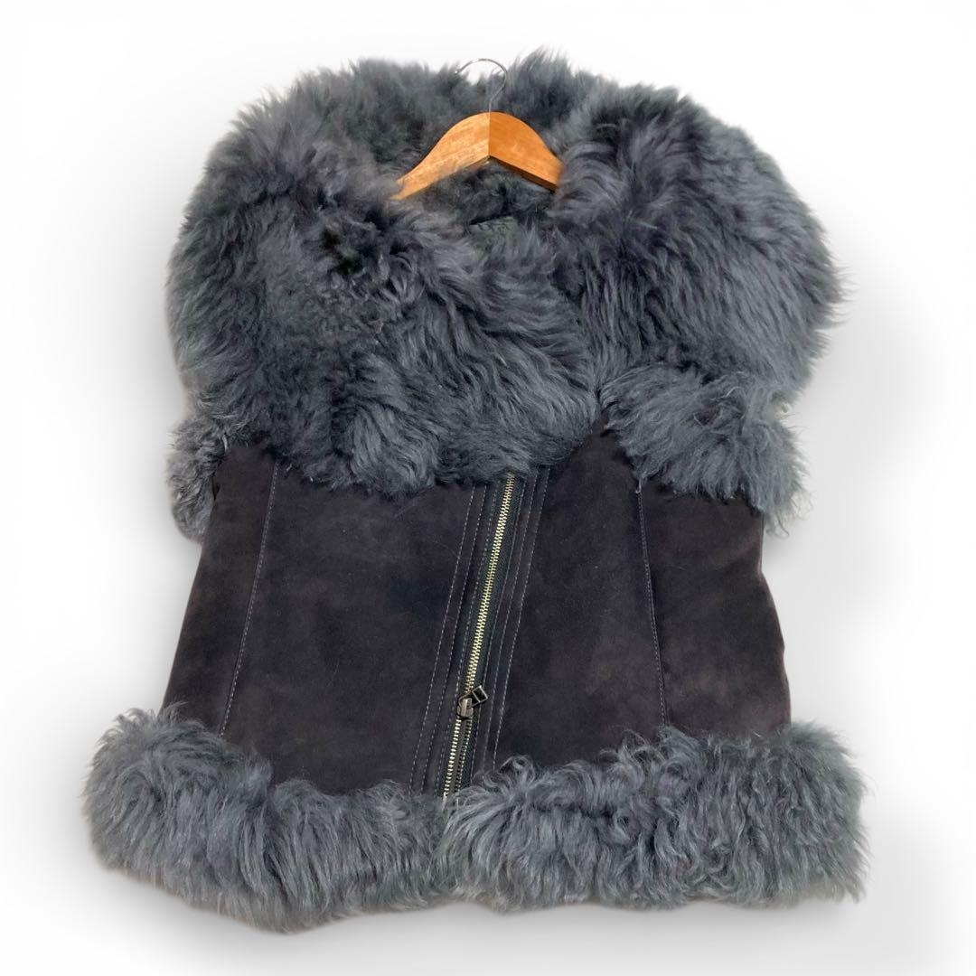 ゴージャス★リアルムートン ベスト ダブルジップ 羊革 ラムファー ダークグレー