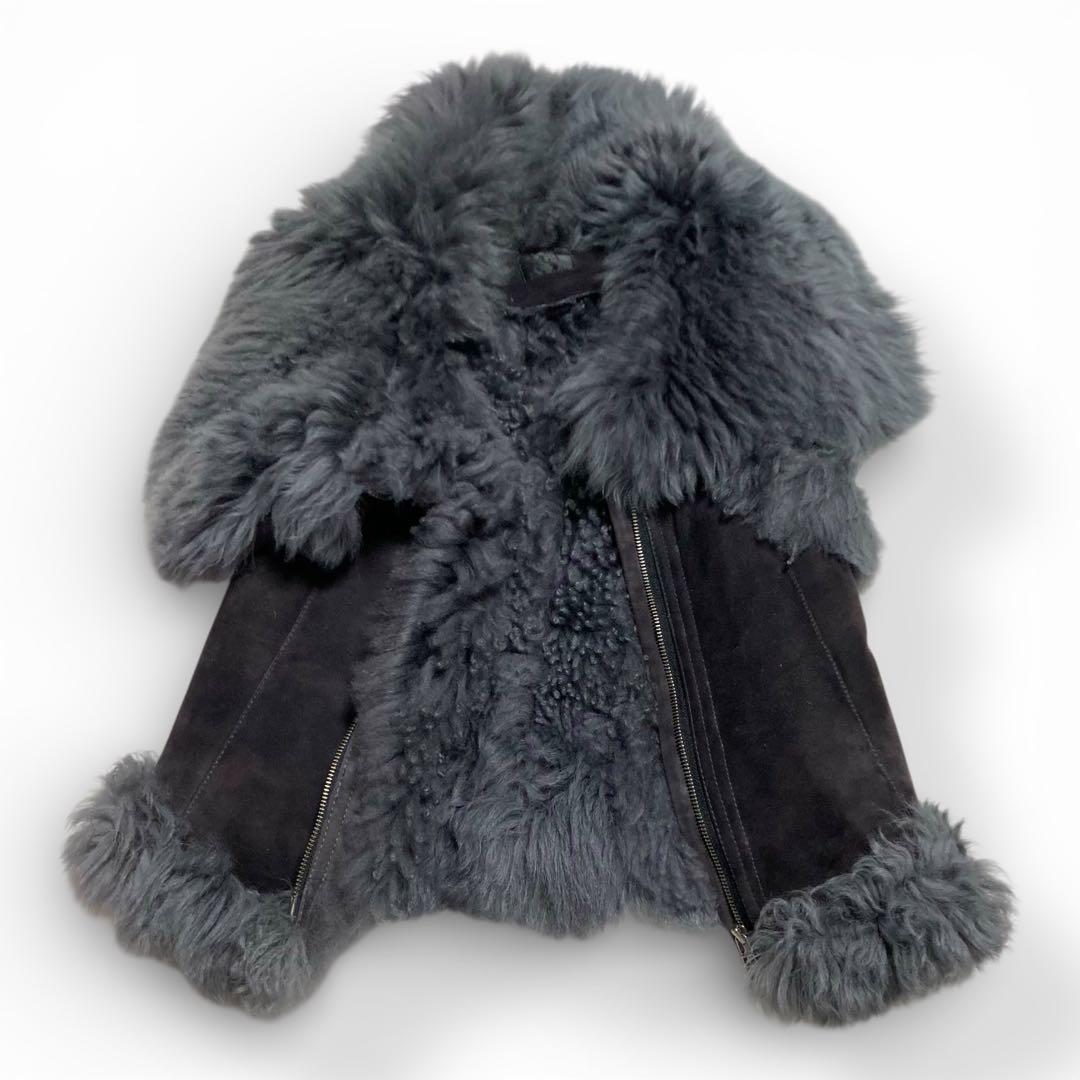 ゴージャス★リアルムートン ベスト ダブルジップ 羊革 ラムファー ダークグレー