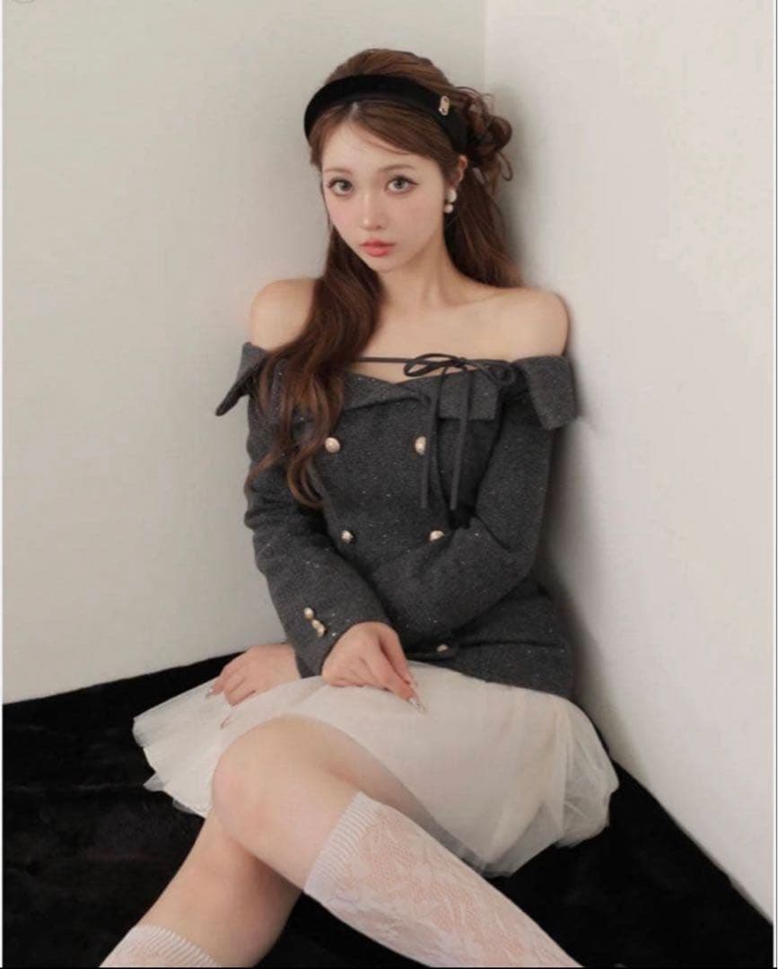 ワンピース Wool herringbone tulle onepiece Mmeeme