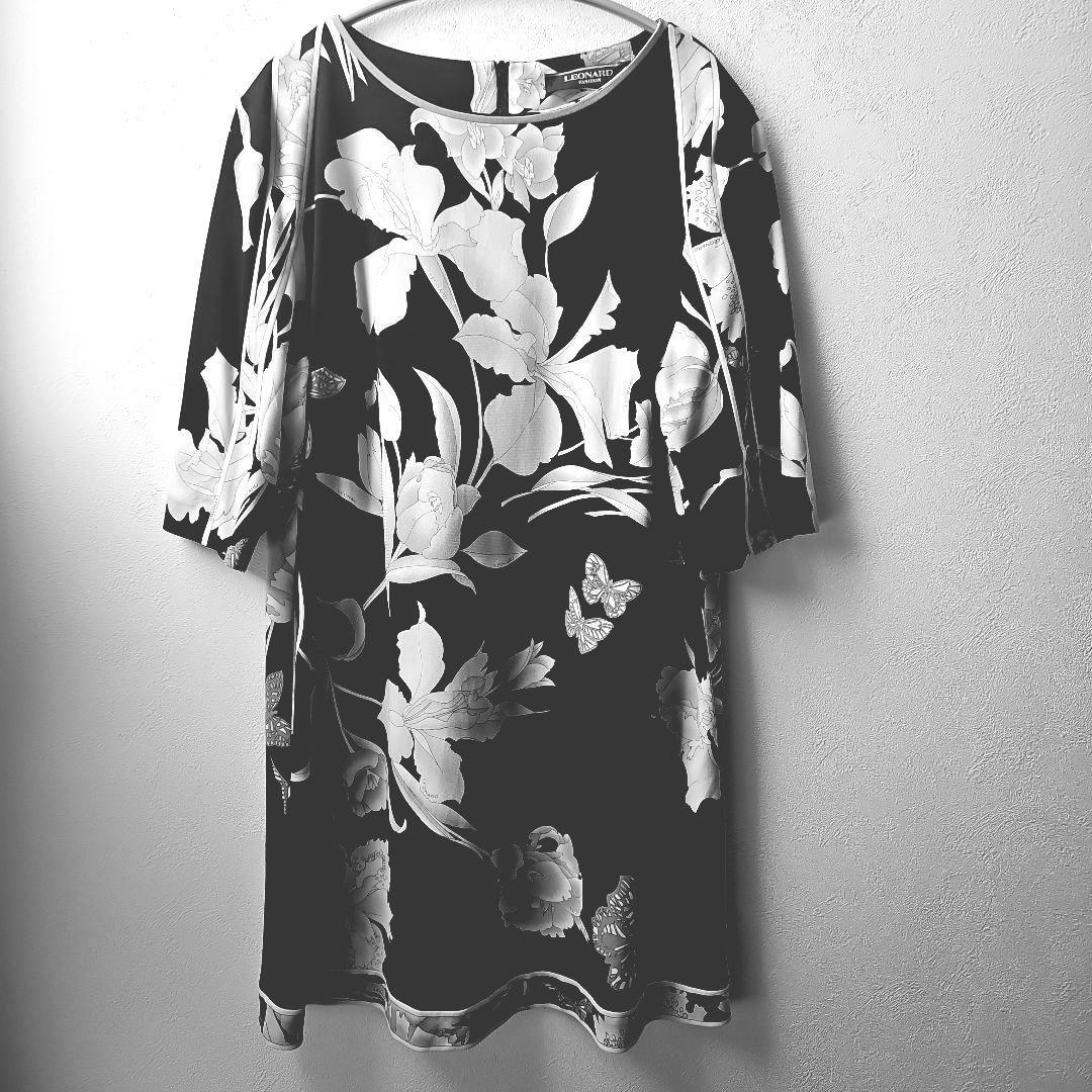 LEONARDブラック 花柄 五分袖チュニック