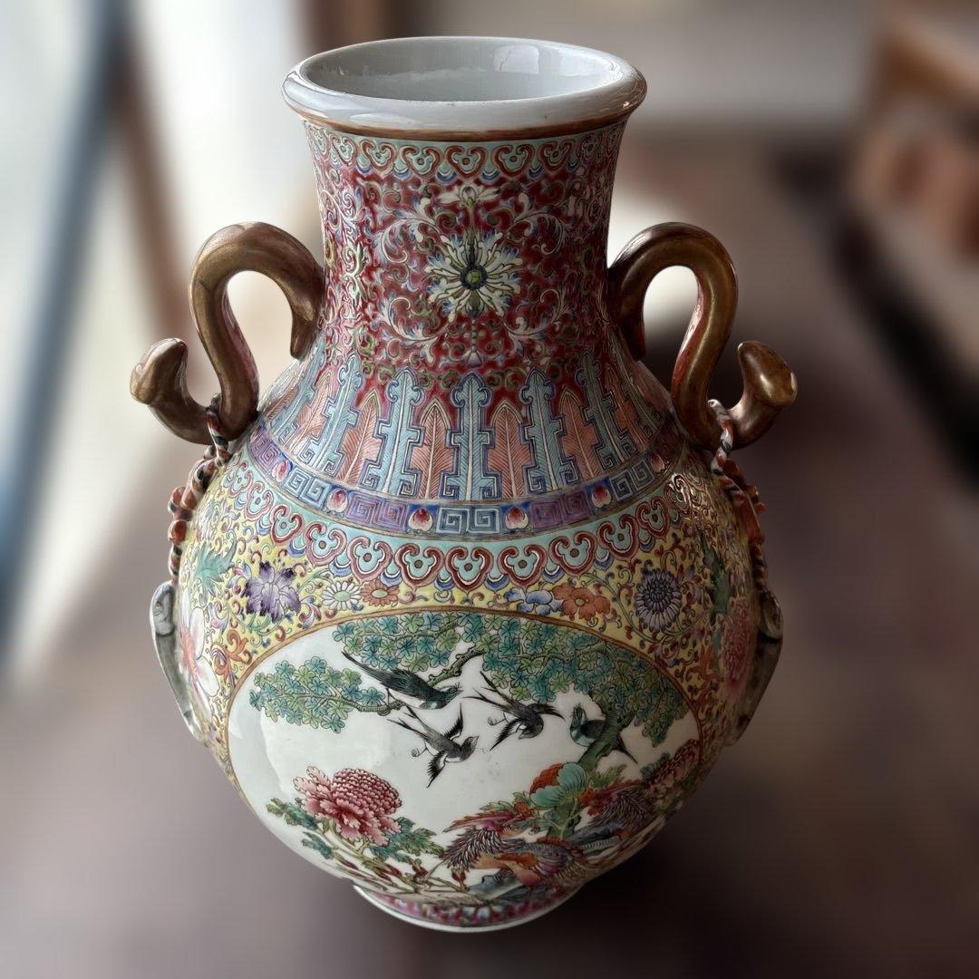 花鳥模様の陶器花瓶