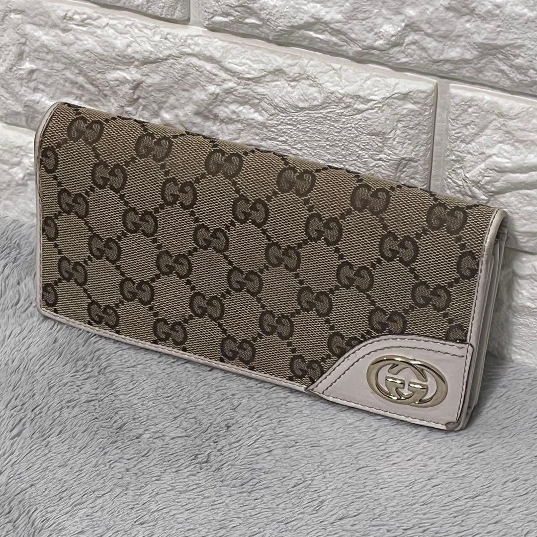 人気✨GUCCI グッチ 二つ折り長財布 GG柄 キャンバス レザー ベージュ系