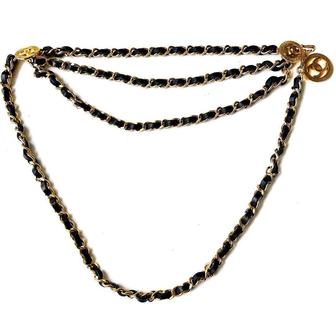 美品 シャネル ゴールドプレート×レザー 1984ココマーク ３連チェーンベルト