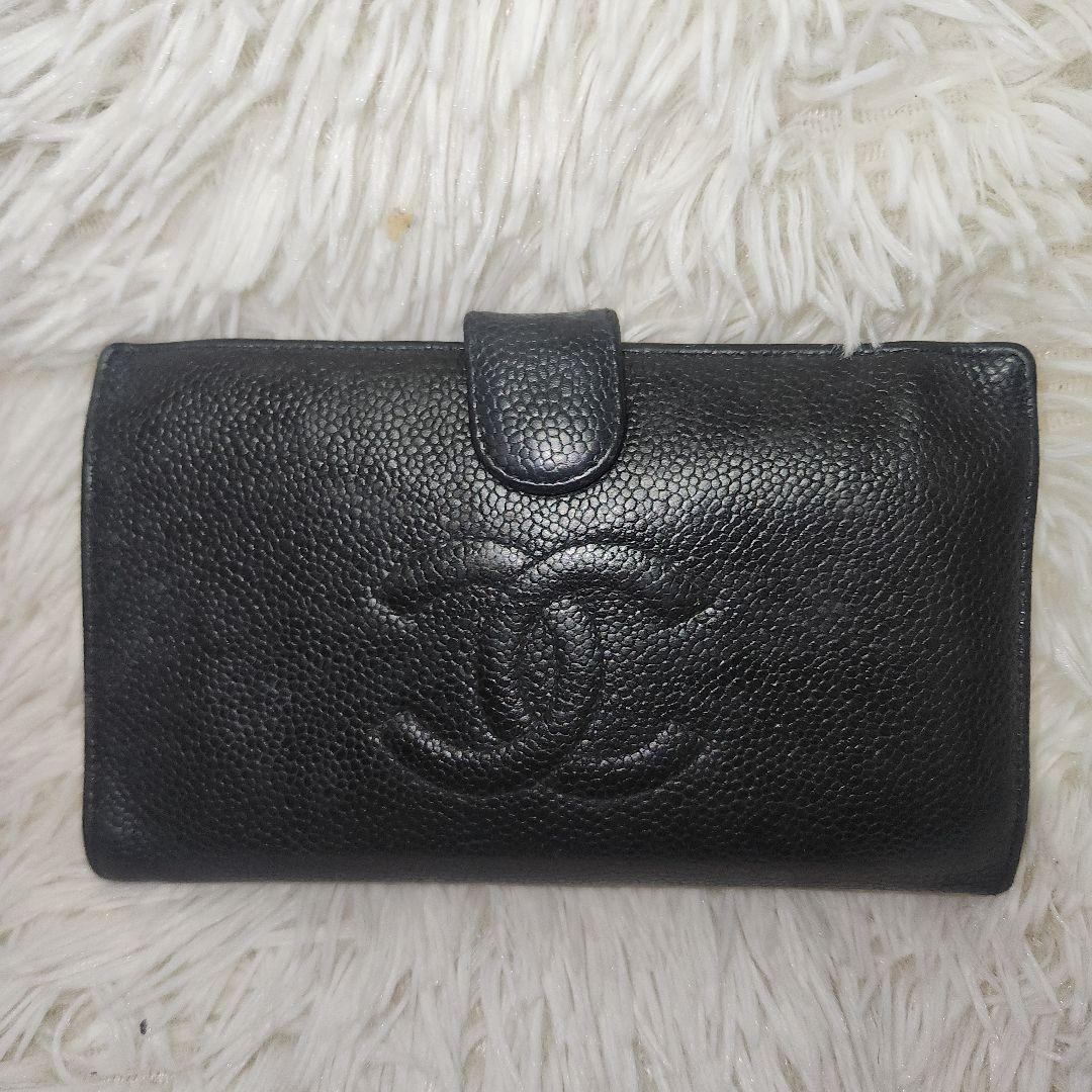 CHANEL シャネル キャビアスキン がま口　長財布　黒
