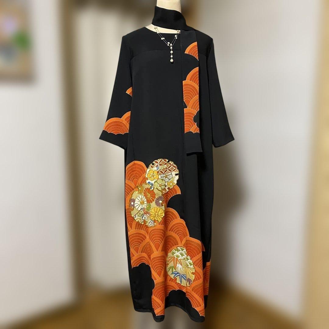 《LL 125cm》黒留袖リメイク ヨーク切り替え 七分袖 ワンピース