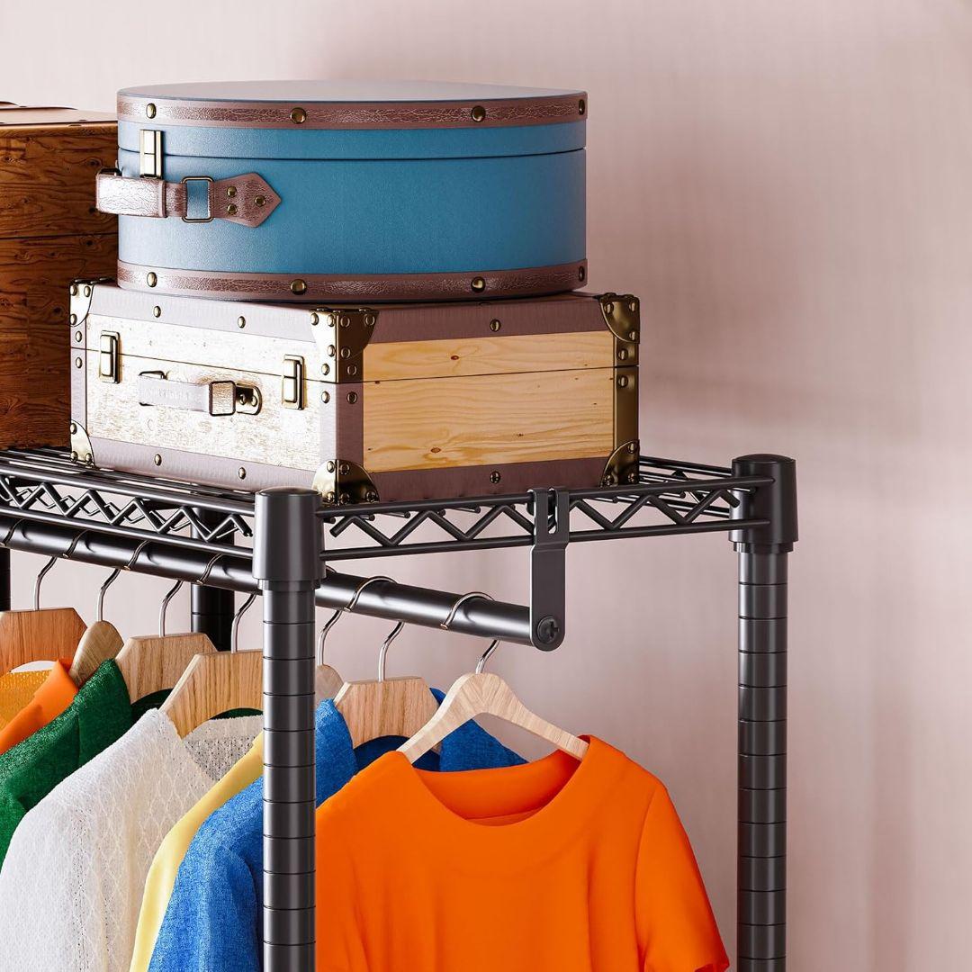 ハンガーラック 金属製 棚付き 突っ張り式 ブラック 幅180 高194