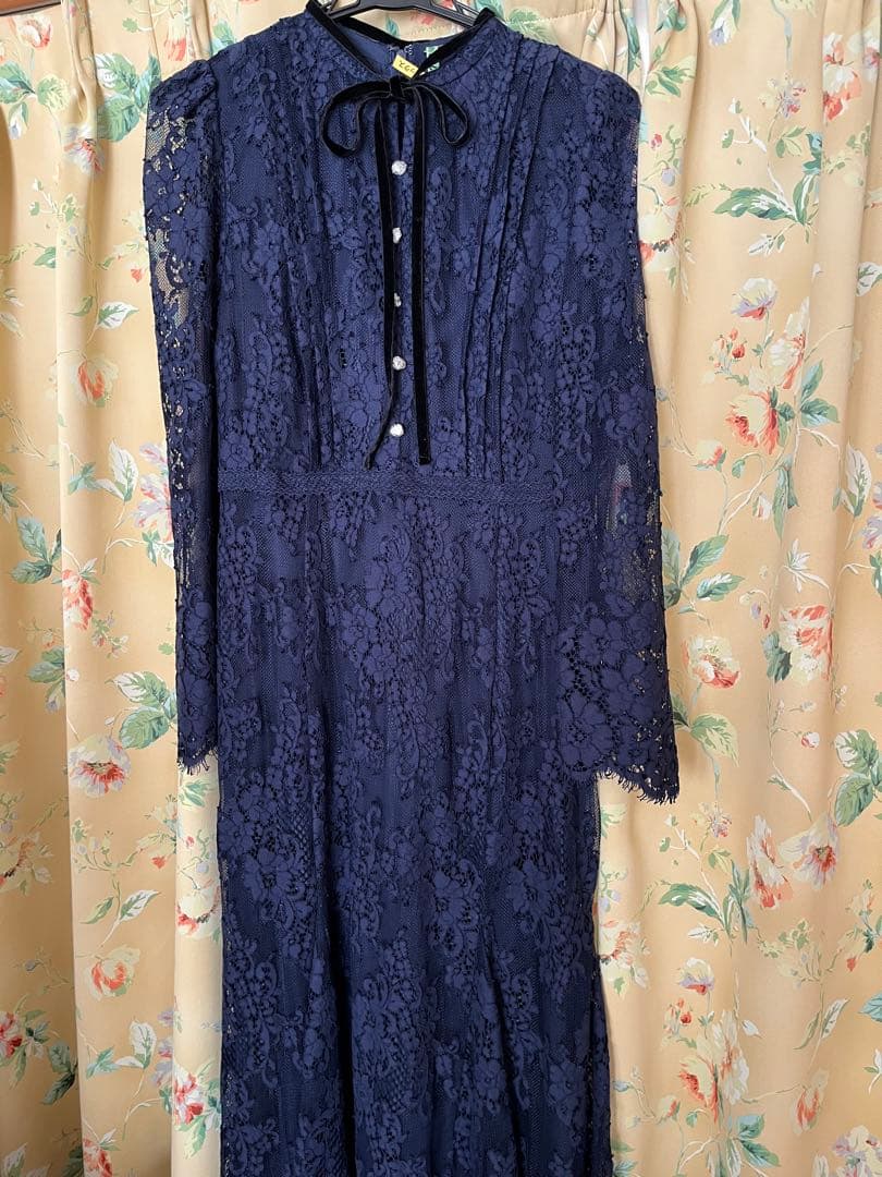 セルフォード ボウタイレースワンピース リボン 38 紺 長袖