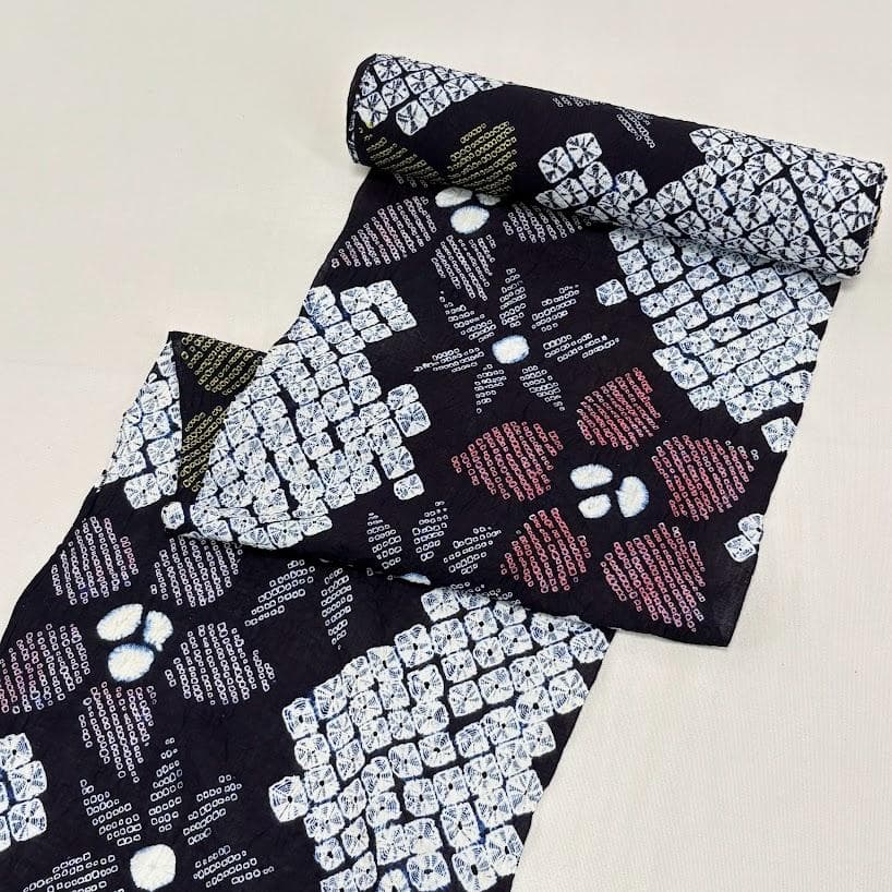 ゆりのはな　絞り浴衣反物　伝統工芸　有松鳴海絞り　総絞り　紺色系　綿　J305