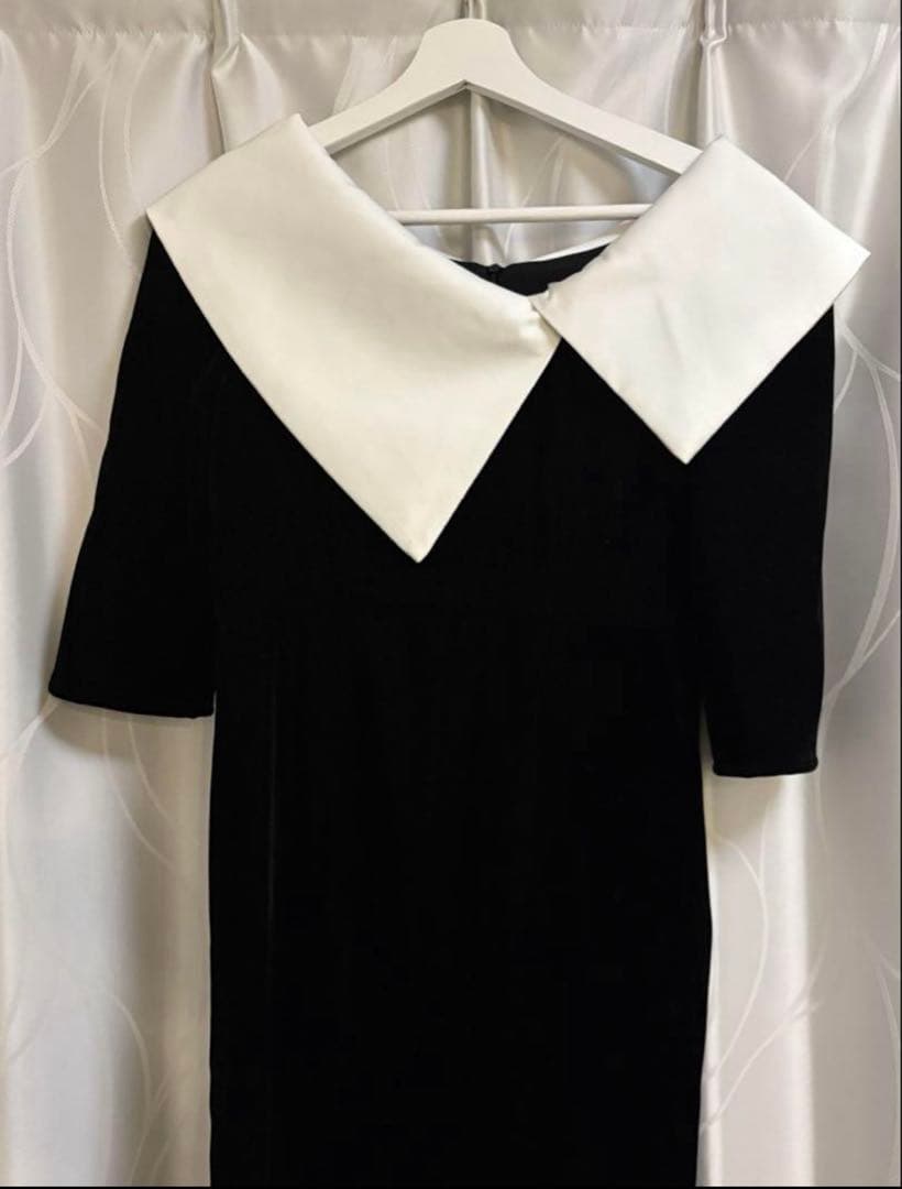 Leja　配色アシンメトリービッグカラーベロアマーメイドシルエットドレス　S