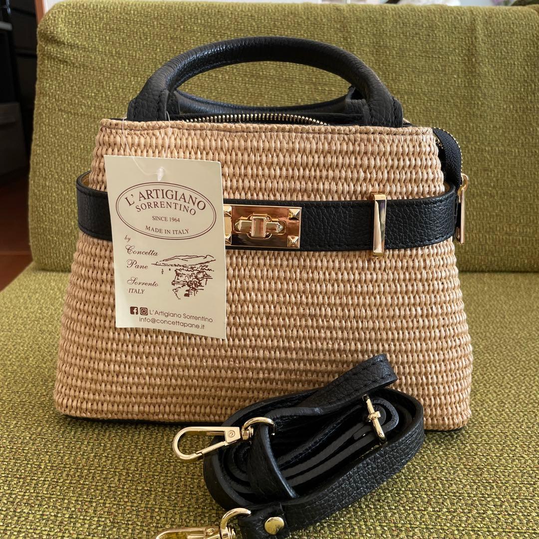 L’ARTIGIANO かごバッグ ベージュ ブラック イタリア製