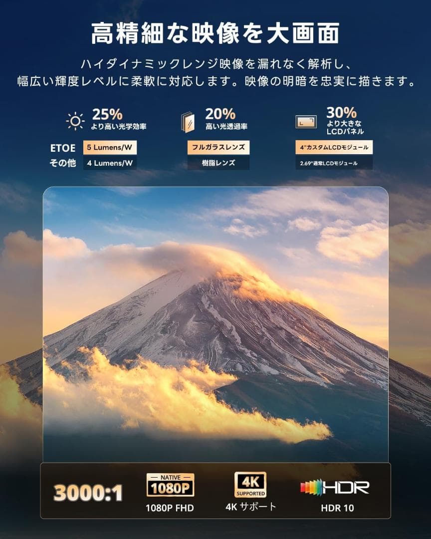 ETOE プロジェクター 天井投影1080P解像度·4K対応