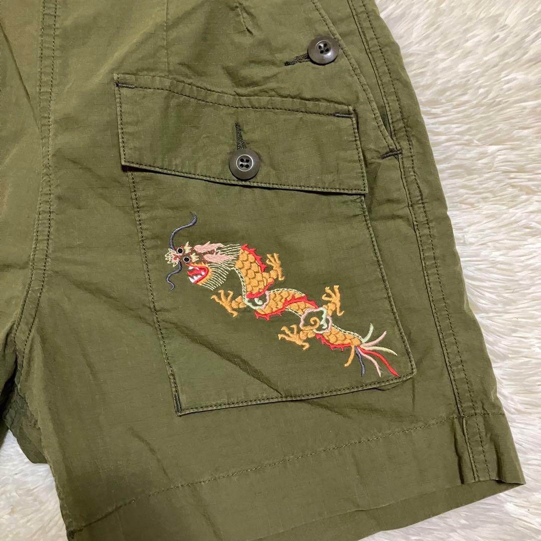 未使用　ダブルアールエル　ドラゴン　刺繍　ロゴ　カーキ　ハーフ