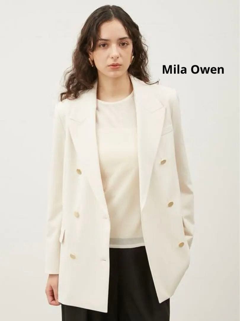 極美品 2025 ミラオーウェン 金釦ダブルブレストロングブレザー アイボリー