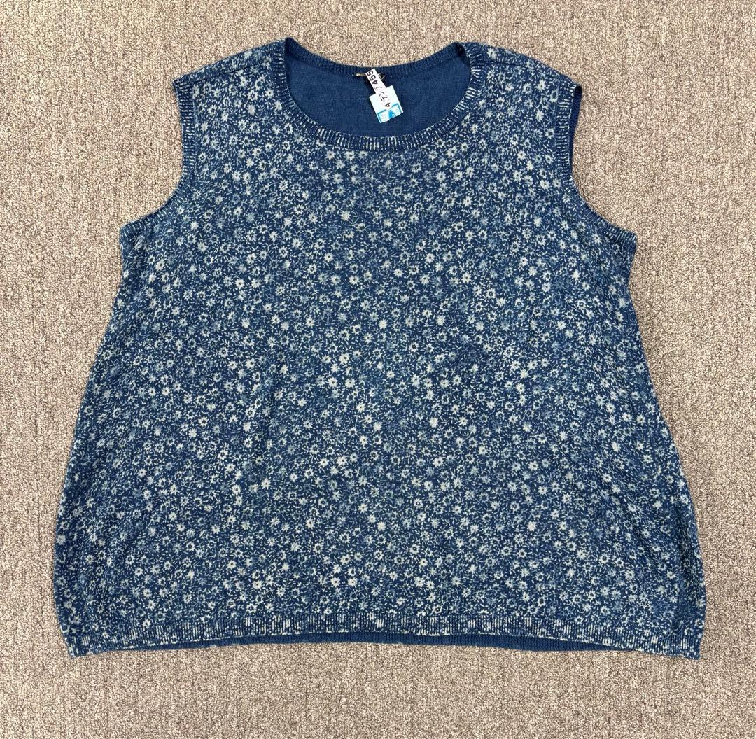 45R フラワープリント　ブルー　コットン　ニット　ベスト