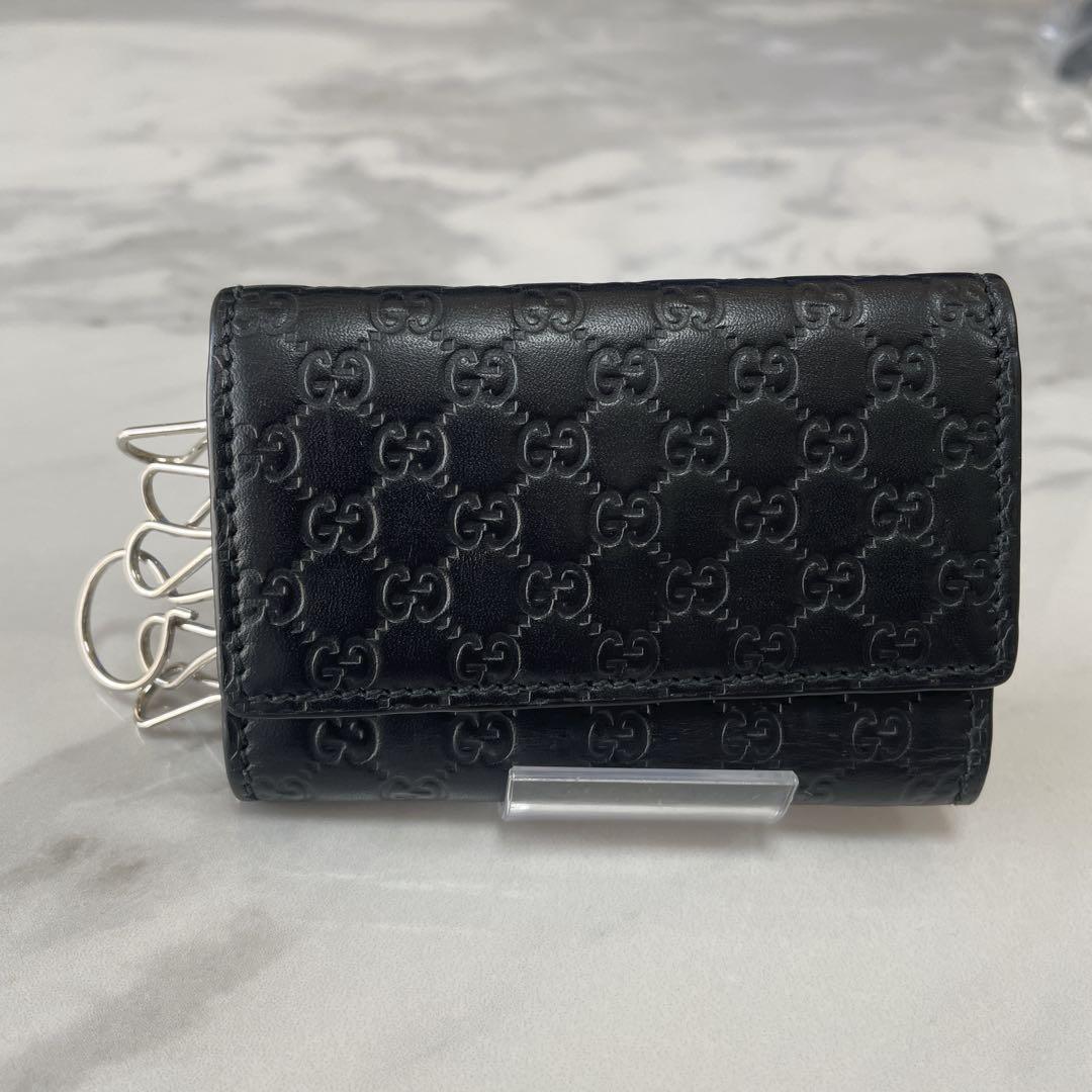 【美品】グッチ　キーケース6P レザー　シマ　ブラック