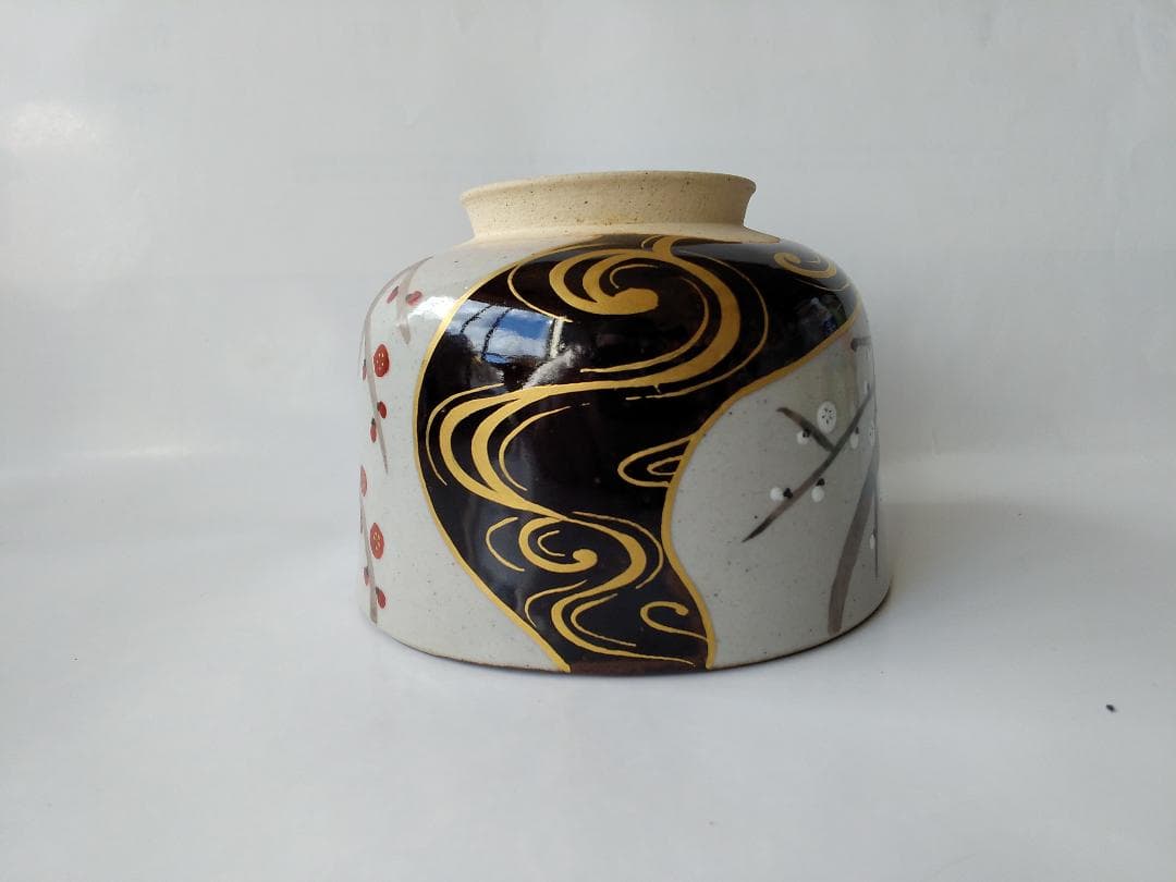 アサボン膳所焼淡海ぜぜ 陽炎園 岩崎新定 色絵 水と紅白梅 茶碗共箱 新品