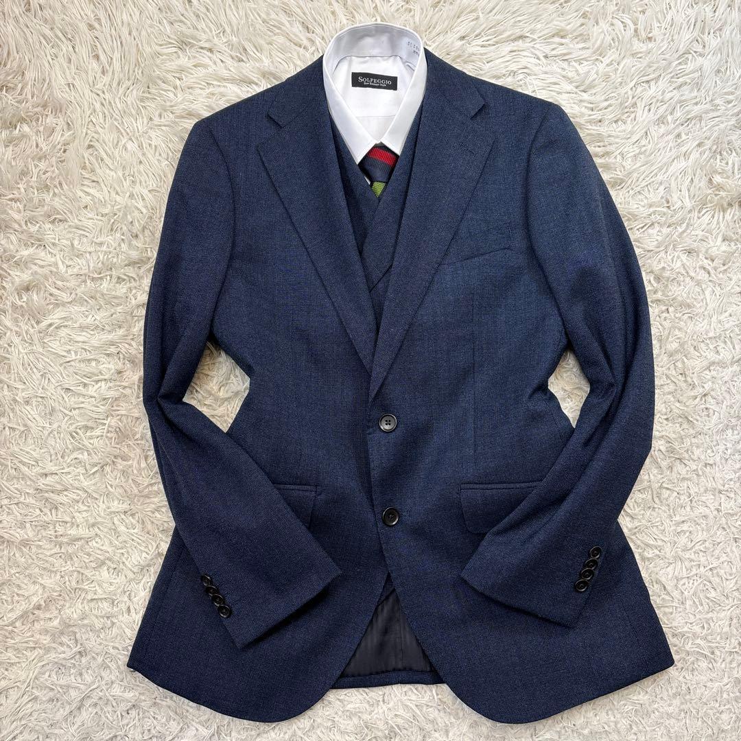 美品☆【タカキュー】ダブルベスト　ピンチェック　3ピース　ネイビー　Y4 S〜M