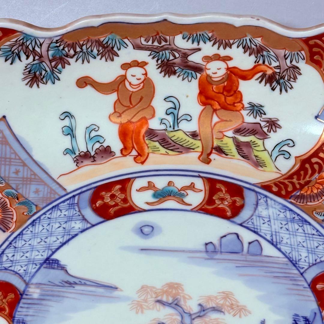 古伊万里　色絵風景画人物図三ツ鉢揃　二重四ツ足高台　四角鉢　珍品　古美術