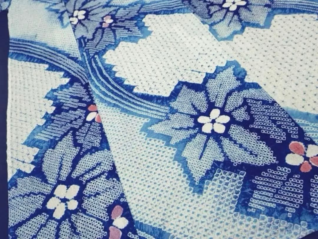 浴衣　有松絞り　トールサイズ　ぼかし　三浦絞り　紺青水色　有松鳴海絞り　蜘蛛絞り