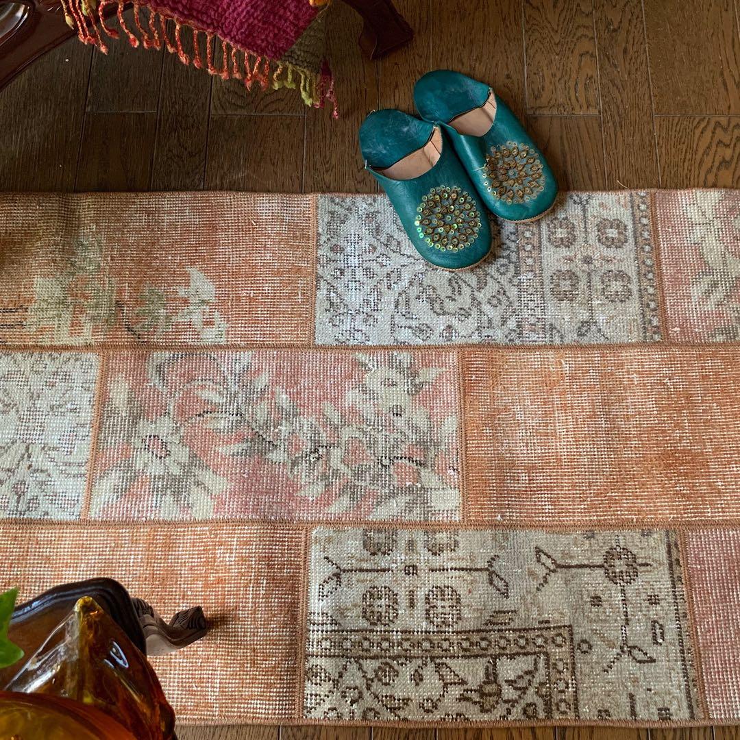 ササ　ペールオレンジ　ランナー　174×65 トルコヴィンテージラグ