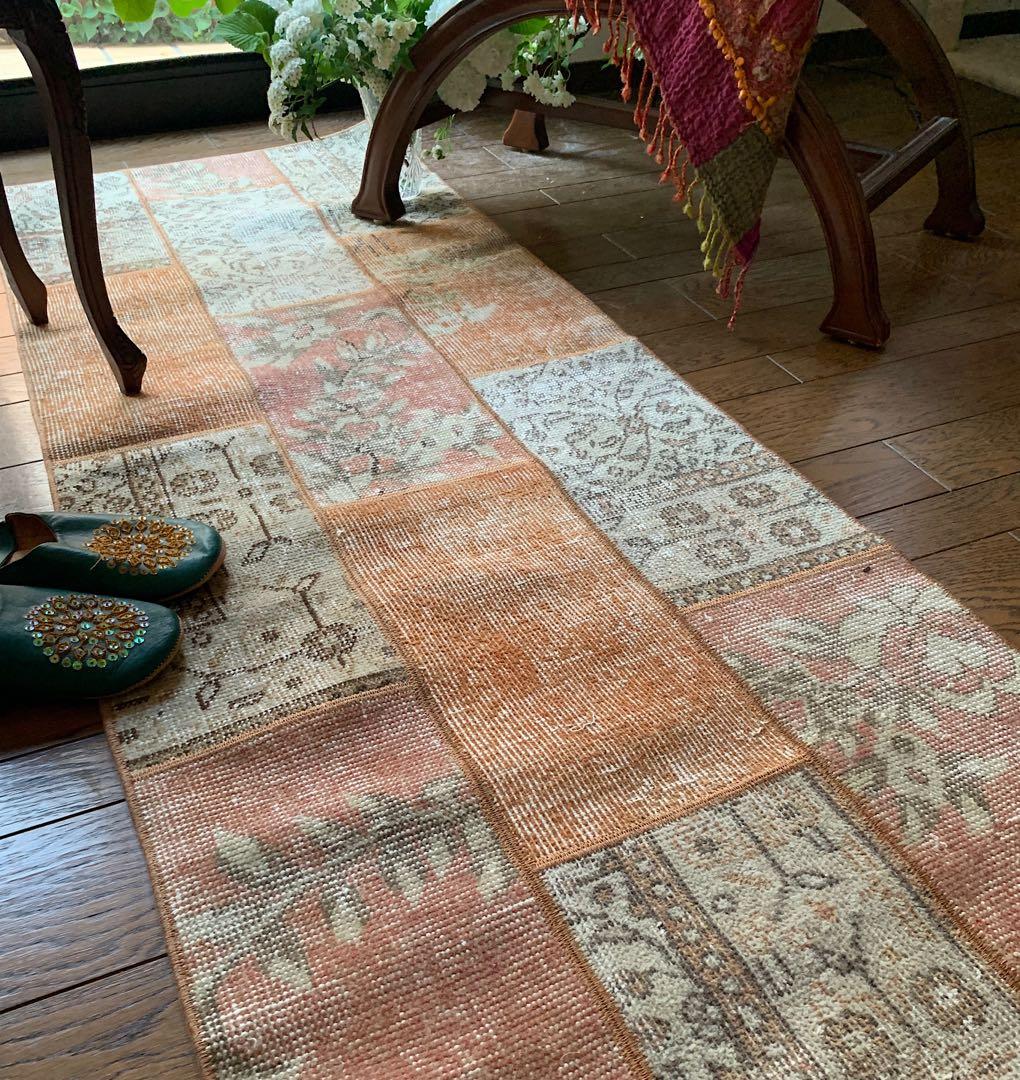 ササ　ペールオレンジ　ランナー　174×65 トルコヴィンテージラグ