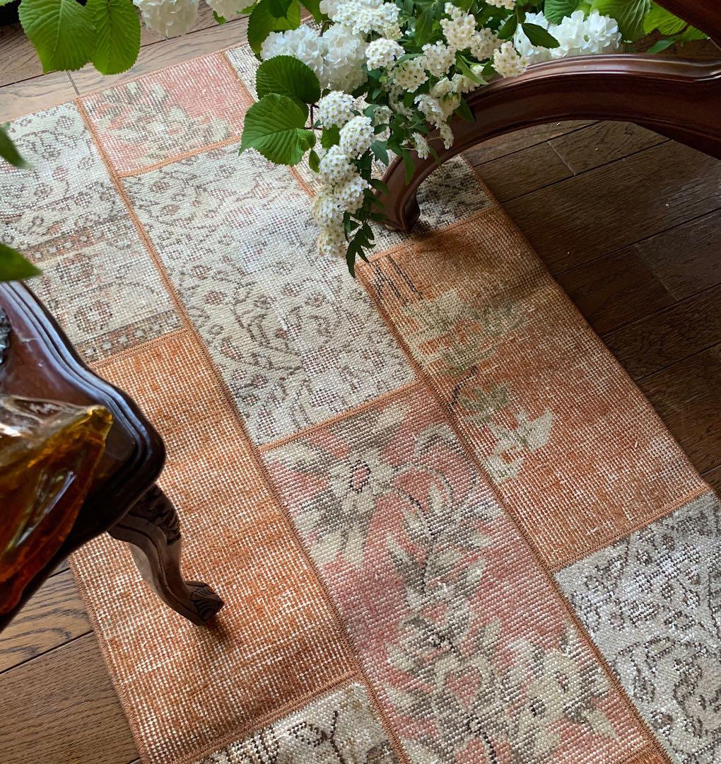 ササ　ペールオレンジ　ランナー　174×65 トルコヴィンテージラグ